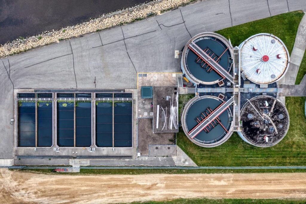 A water treatment processing plant with different tanks and pools