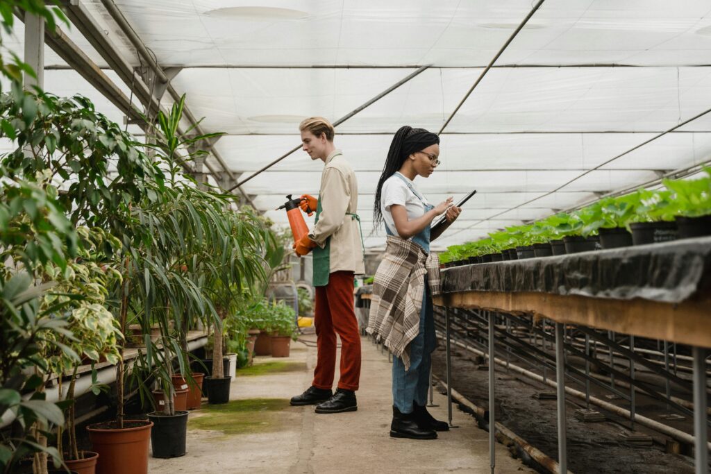 people watering and writing in a greenhouse with plants